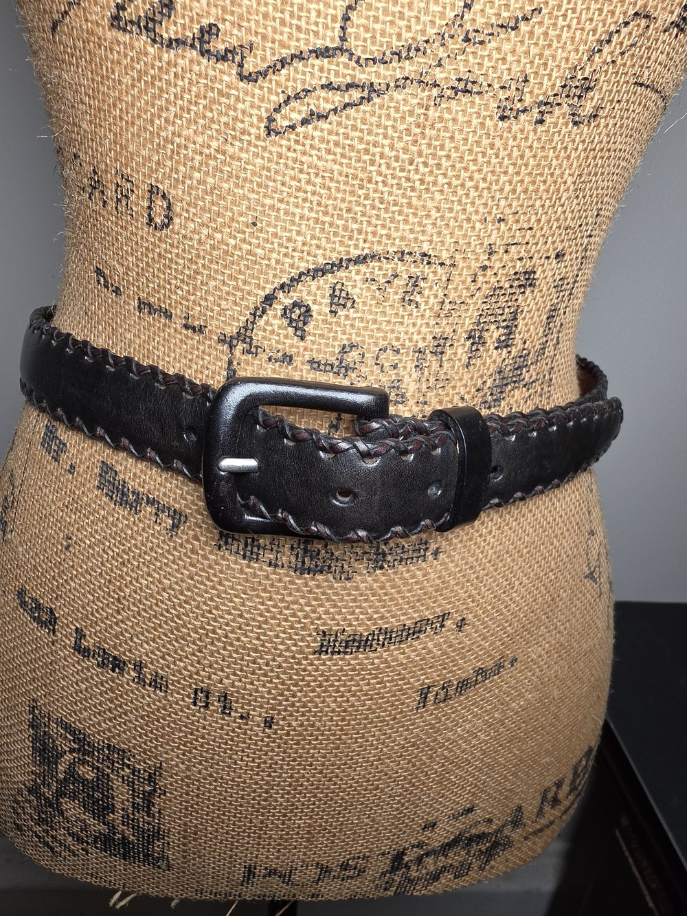Lauren Ralph Lauren Black Braided Leather Belt with Stitched Edge